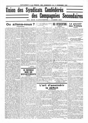 La Tribune des cheminots [confédérés], supplément au n° 439, 1er novembre 1933