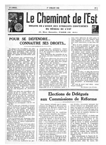 Le Cheminot de l'Est, n° 1, 1er juillet 1928