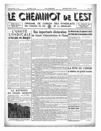 Le Cheminot de l'Est, n° 148, Mars 1939