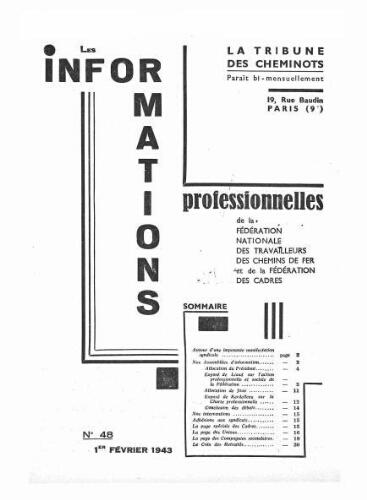 La Tribune des cheminots : les informations professionnelles de la Fédération nationale des travailleurs des chemins de fer, n° 48, 1er février 1943