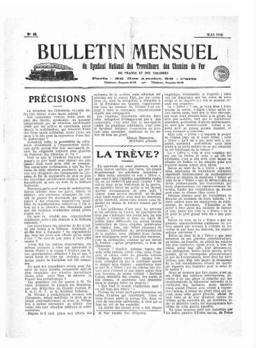 Bulletin mensuel du syndicat national des travailleurs des chemins de fer de France et des colonies, n° 10, Mai 1915