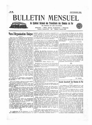 Bulletin mensuel du syndicat national des travailleurs des chemins de fer de France et des colonies, n° 26, Septembre 1916