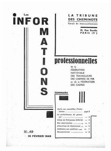 La Tribune des cheminots : les informations professionnelles de la Fédération nationale des travailleurs des chemins de fer, n° 49, 15 février 1943