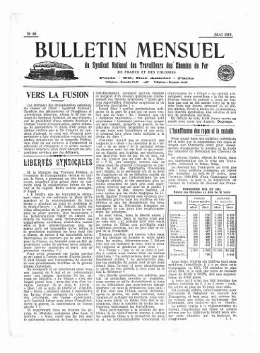 Bulletin mensuel du syndicat national des travailleurs des chemins de fer de France et des colonies, n° 22, Mai 1916