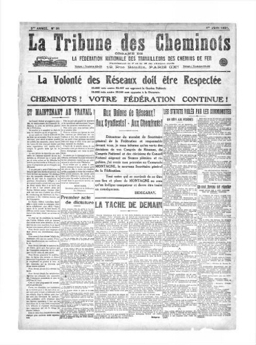 La Tribune des cheminots [confédérés], n° 91, 1er juin 1921
