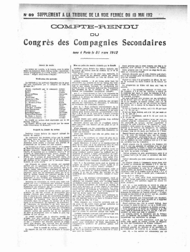 La Tribune de la voie ferrée, supplément n° 89, supplément au n° 717, 10 mai 1912