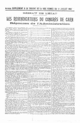La Tribune de la voie ferrée, supplément n° 103, supplément au n° 778, 11 juillet 1913