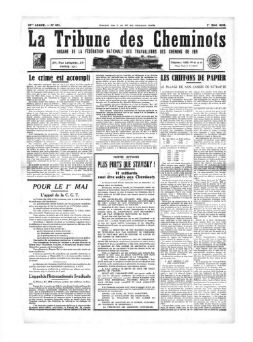 La Tribune des cheminots [confédérés], n° 451, 1er mai 1934