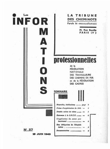 La Tribune des cheminots : les informations professionnelles de la Fédération nationale des travailleurs des chemins de fer, n° 57, 15 juin 1943