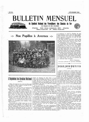 Bulletin mensuel du syndicat national des travailleurs des chemins de fer de France et des colonies, n° 17, Décembre 1915