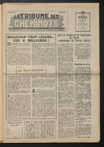 La Tribune des cheminots retraités CGT, supplément, Avril 1960