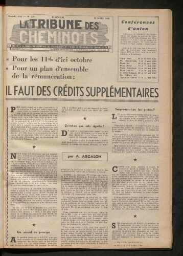 La Tribune des cheminots, n° 221, 15 mars 1960