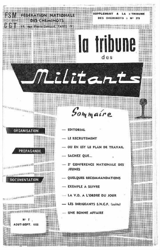 La Tribune des militants, n° 7, supplément au n° 273 de La Tribune des cheminots, Août 1962 - Septembre 1962