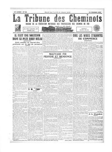 La Tribune des cheminots [confédérés], [n° 374], 15 février 1931