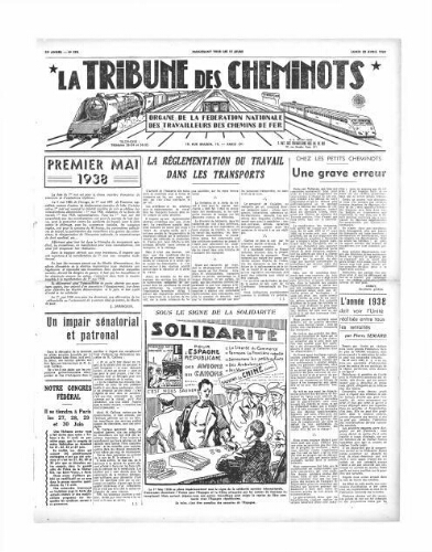 La Tribune des cheminots [édition 1 Vie des réseaux/régions], n° 558, 25 avril 1938