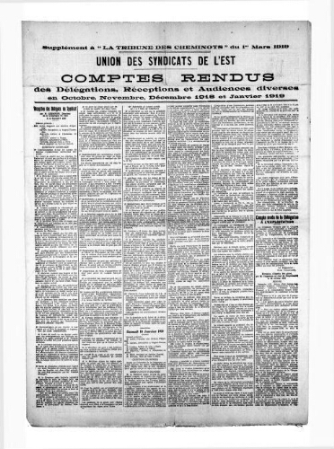 La Tribune des cheminots, supplément au n° 38, 1er mars 1919