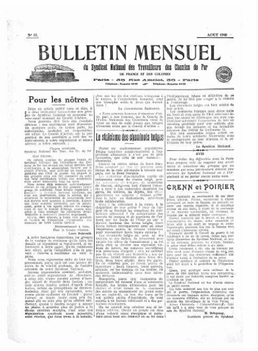 Bulletin mensuel du syndicat national des travailleurs des chemins de fer de France et des colonies, n° 13, Août 1915
