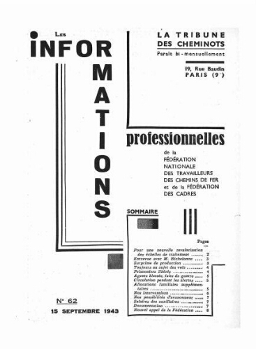 La Tribune des cheminots : les informations professionnelles de la Fédération nationale des travailleurs des chemins de fer, n° 62, 15 septembre 1943