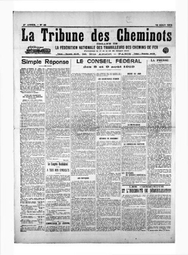 La Tribune des cheminots, n° 49, 15 août 1919