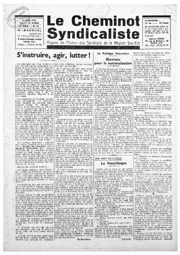 Le Cheminot syndicaliste, n° 338 (n° 12 de l'année 1939), 25 juin 1939