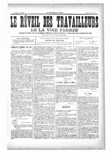 Le Réveil des travailleurs de la voie ferrée, n° 12, 10 septembre 1892