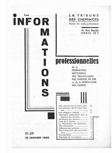 La Tribune des cheminots : les informations professionnelles de la Fédération nationale des travailleurs des chemins de fer, n° 25, 15 janvier 1942