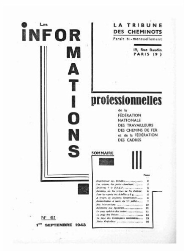 La Tribune des cheminots : les informations professionnelles de la Fédération nationale des travailleurs des chemins de fer, n° 61, 1er septembre 1943