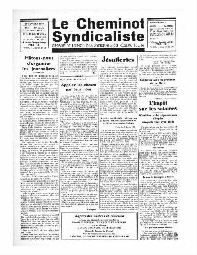 Le Cheminot syndicaliste, n° 255 (n° 3 de l'année 1936), 10 février 1936