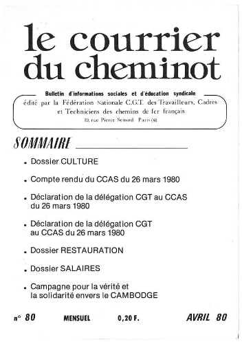 Le Courrier du cheminot, n° 80, Avril 1980