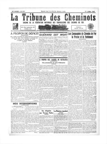 La Tribune des cheminots [confédérés], n° 377, 1er avril 1931