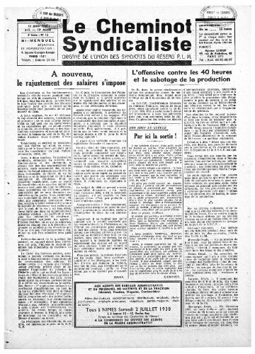 Le Cheminot syndicaliste, n° 312 (n° 11 de l'année 1938), 10 juin 1938