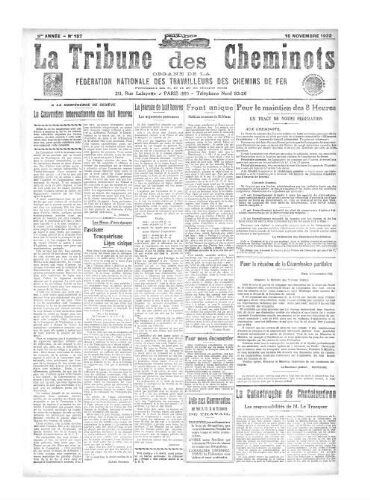La Tribune des cheminots [confédérés], n° 127, 10 novembre 1922