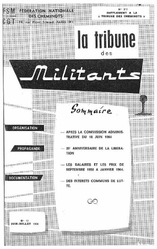 La Tribune des militants, n° 17, supplément au n° 317 de La Tribune des cheminots, Juin 1964 - Juillet 1964
