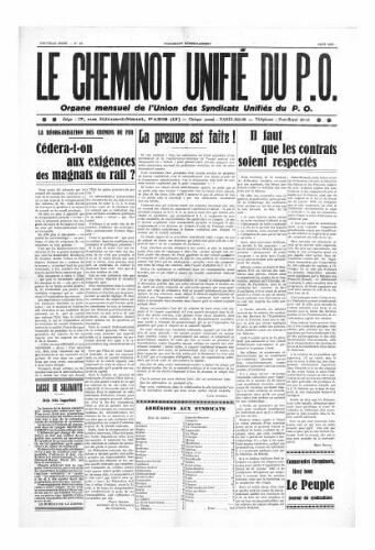 Le Cheminot unifié du PO, n° 33, Août 1937