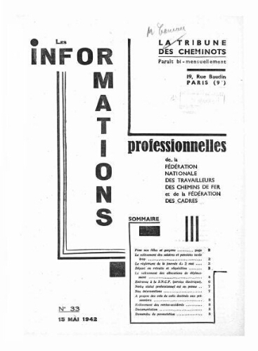 La Tribune des cheminots : les informations professionnelles de la Fédération nationale des travailleurs des chemins de fer, n° 33, 15 mai 1942