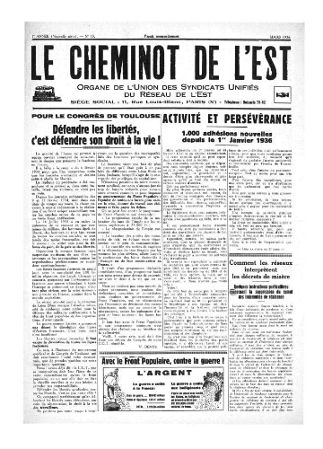 Le Cheminot de l'Est, n° 13, Mars 1936