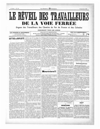 Le Réveil des travailleurs de la voie ferrée, n° 147, 2 septembre 1895
