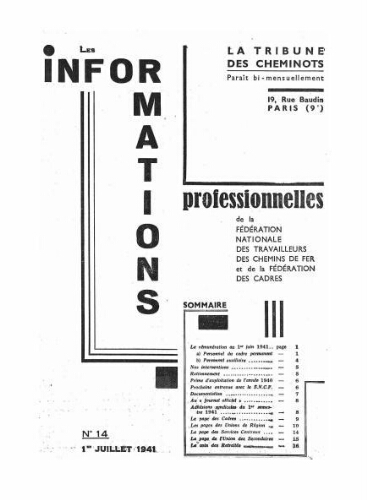 La Tribune des cheminots : les informations professionnelles de la Fédération nationale des travailleurs des chemins de fer, n° 14, 1er juillet 1941