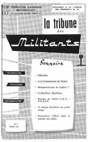 La Tribune des militants, n° 3, supplément au n° 265 de La Tribune des cheminots, Mars 1962