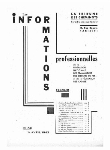 La Tribune des cheminots : les informations professionnelles de la Fédération nationale des travailleurs des chemins de fer, n° 52, 1er avril 1943