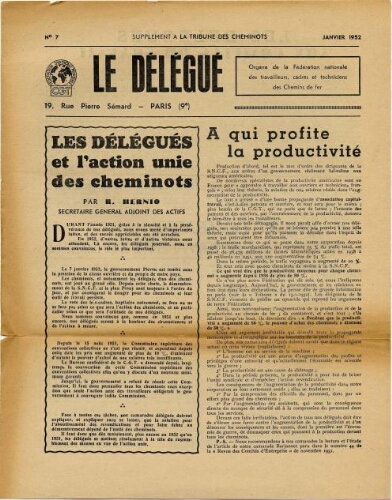 La Tribune des cheminots : Le Délégué, n° 7, Janvier 1952