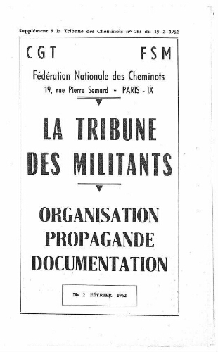 La Tribune des militants, n° 2, supplément au n° 263 de La Tribune des cheminots, Février 1962