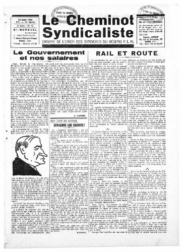 Le Cheminot syndicaliste, n° 313 (n° 12 de l'année 1938), 25 juin 1938