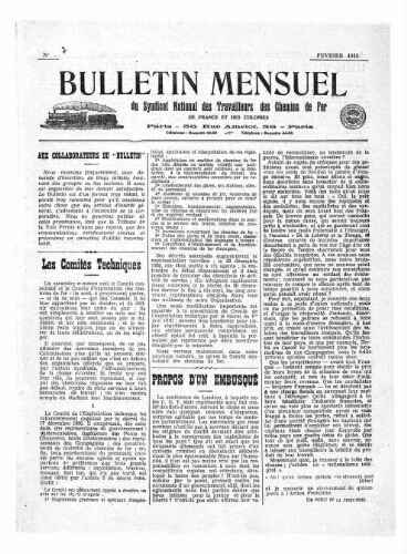 Bulletin mensuel du syndicat national des travailleurs des chemins de fer de France et des colonies, n° 7, Février 1915
