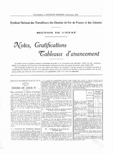 Bulletin mensuel du syndicat national des travailleurs des chemins de fer de France et des colonies, supplément au n° 14, Septembre 1915