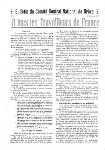 Bulletin du Comité central national de grève n° 9.  La Tribune des cheminots, supplément au numéro du 10 décembre 1947