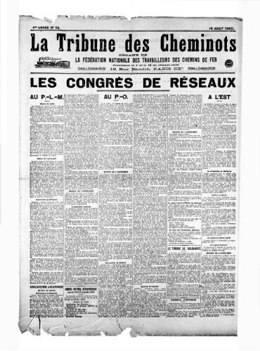 La Tribune des cheminots, n° 72, 15 août 1920