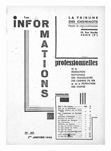 La Tribune des cheminots : les informations professionnelles de la Fédération nationale des travailleurs des chemins de fer, n° 46, 1er janvier 1943