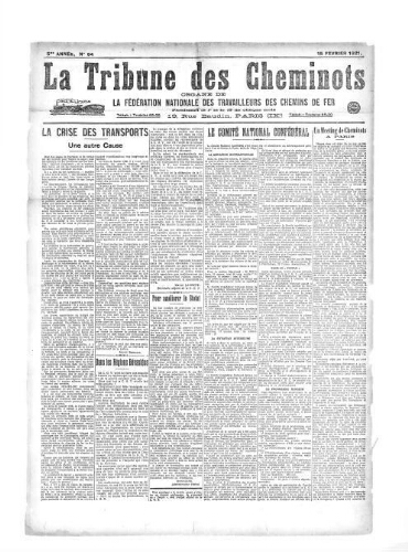 La Tribune des cheminots, n° 84, 15 février 1921