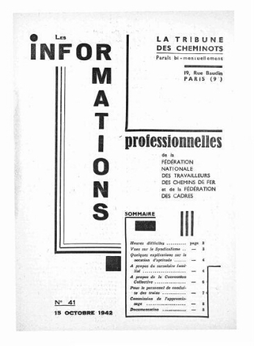 La Tribune des cheminots : les informations professionnelles de la Fédération nationale des travailleurs des chemins de fer, n° 41, 15 octobre 1942